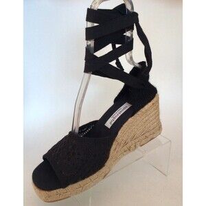 APOSTROPHE Espadrille Ankle Tie Peep Toe Wedges, Black (Size 9.5 M)